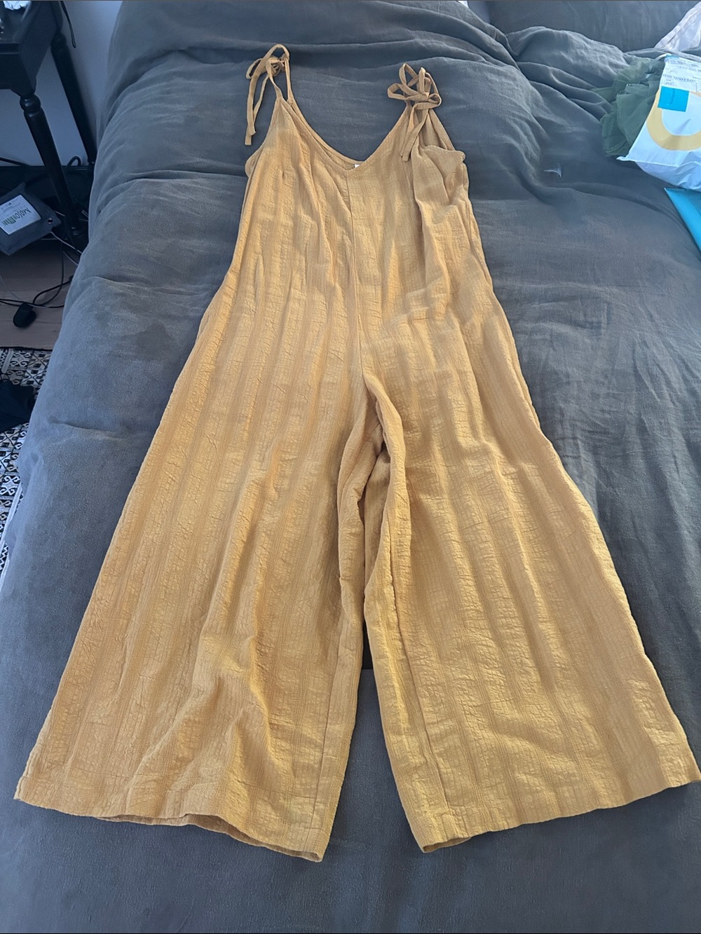 ROVE Mustard Wide-Leg Tie-Shoulder Jumpsuit